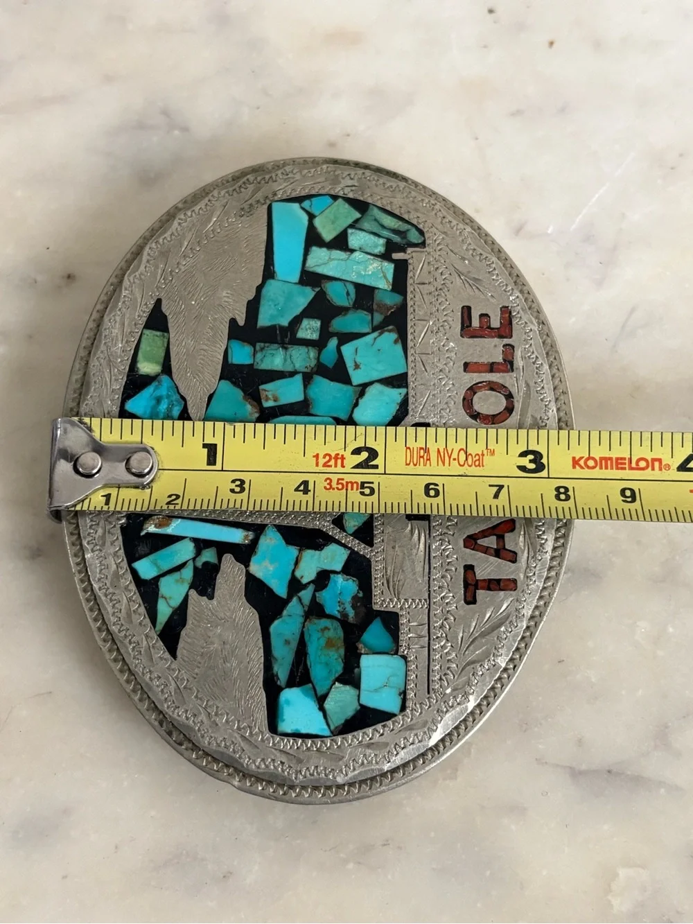 Vintage Silver Overlay Belt Buckle with Turquoise Inlay VTG Western Southwestern